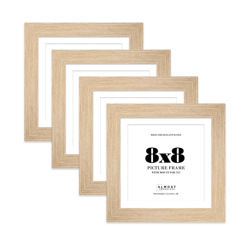 8x8" Oak Square Frame With Mount for 7x7" Pictures 28mm Edge Frame Display with Wall Hooks and Kickstand, 4 Pack