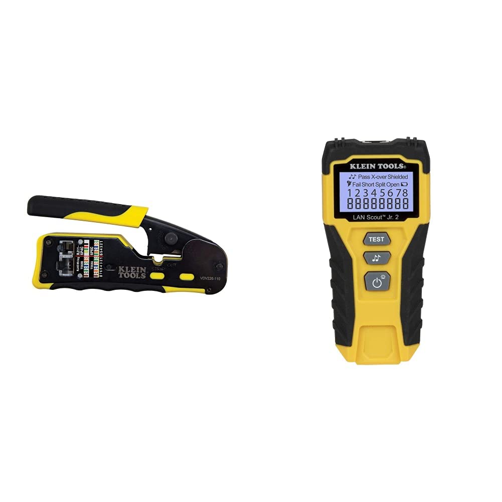 KLEIN TOOLSVDV226-110 Ratcheting Modular Cable Crimper & VDV526-200 Cable Tester, LAN Scout Jr. 2 Ethernet Cable Tester for CAT 5e, CAT 6/6A Cables with RJ45 Connections