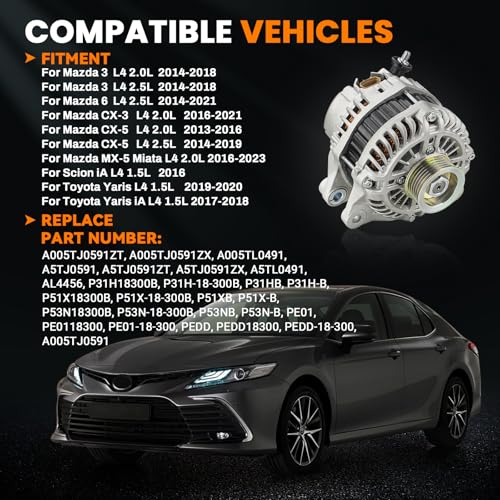 Image of 20288N Alternator 12V 100A Compatible with Mazda CX-5 2013-2019 /2022-2023, 3 2014-2018, 6 2014-2021, CX-3 2016-2021, MX-5 Miata & Toyota Yaris, Yaris iA & Scion iA, PEDD18300 A005TJ0591