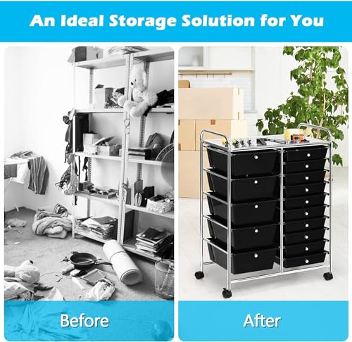 Image of LDAILY 15 Drawer Rolling Storage Cart, Rolling Cart with Drawers for Classroom, Art Supply Craft Organizer on Wheel with Metal Frame & Handles for Home Office School