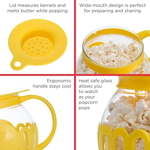 Ecolution Patented Micro-Pop Microwave Popcorn Popper with Temperature Safe Glass, 3-in-1 Lid Measures Kernels and Melts Butter, Made Without BPA, Dishwasher Safe, 3-Quart, Yellow