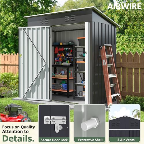 Image of AirWire 5x3 FT Outdoor Storage Shed, Garden Shed with Updated Frame Structure and Lockable Doors, Metal Tool Sheds for Backyard Garden Patio Lawn, Grey