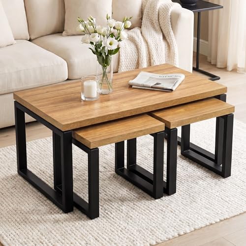 Image of Blisswood Nesting Coffee Table Set of 3, Industrial Sofa Side Tables with 35mm Thick Wood Top, Metal Frame Legs & Slide Under Design, Space Saving Modern Centre & Side Tables for Living Room, Oak