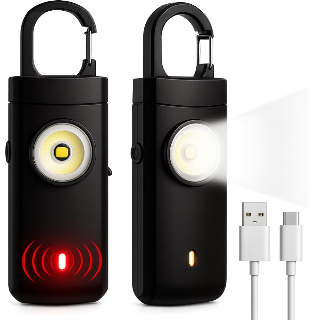 Alarma de bolsillo, alarma personal de seguridad de emergencia de 130 decibelios con luces, color negro