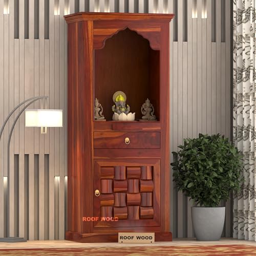 Image of Solid Wood Premium Sheesham Wood Temple Niwar Big Size 5 Feet with Door Storage Cabinet | Wooden Mandir for Pooja Room Home | Honey Finish | Mandir for Home Niwar (Honey Finish 1)