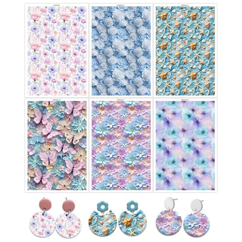 6 Pcs Transfer Paper for Polymer Clay, 3D Floral Rose Butterflies Shells Pattern Clay Transfer Sheets, Water Soluble Polymer Clay Transfer Sheets Paper for DIY Jewelry Earrings Making 5.8