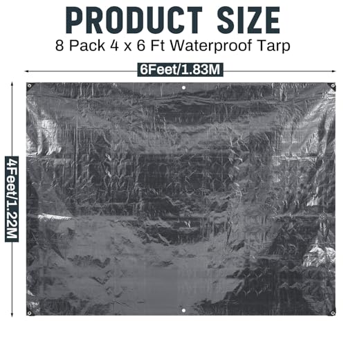 Image of 8 Pack 4 x 6 ft 5.5 Mil Tarps Heavy Duty Waterproof Tarp Multi Purpose Tent Cover for Home Boats Cars Camping Patio Furniture Roof Emergency Rain Protective Cover, Grey