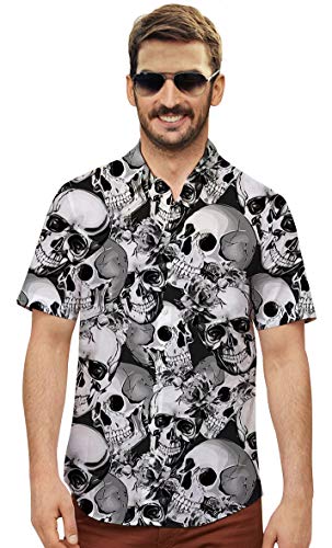 Goodstoworld Men's Skull Shirt Short Sleeve Hawaiian Button Down Tee 3D Cool Pattern Design Fashion Rave Funky Dress Shirts Polo Black Grey Party Apparel