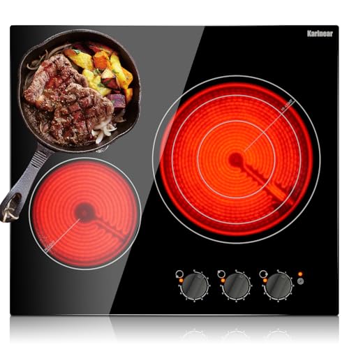 Karinear 24'' Electric Cooktop 3 Burners Ceramic Cooktop, Built-in Electric Stove Top Knob Control, Hot Warning, Over-Temperature Protection, 9 Power Setting, 220-240v, 5700W, Hard Wire (No Plug)