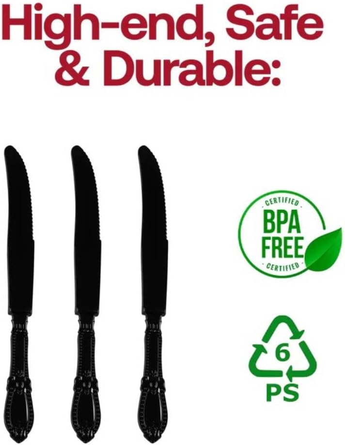 Black Baroque Disposable Plastic Dinner Knives, 20 Count - Ornate Utensils for Elegant Events