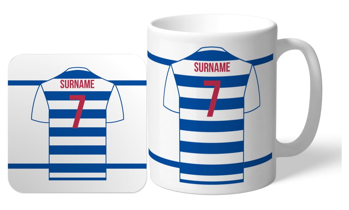 Personalised 'Back of Shirt' 11oz Mug & Coaster Set for Reading FC supporters, officially licensed, with club colours, ideal for The Royals fans