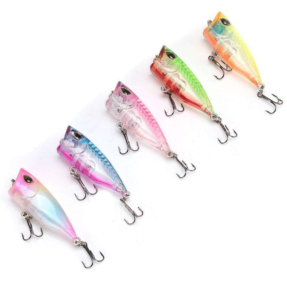 5 pezzi in plastica mini popper esche, esche da pesca galleggiante da 4 cm con sfere in acciaio tintinnante ganci acuti per pesca d'acqua salata d'acqua dolce