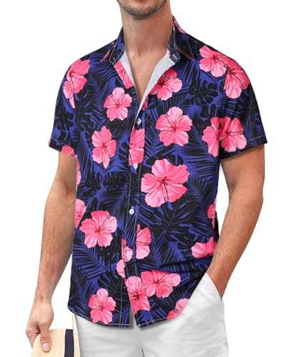 Chemise hawaïenne motif floral Sumolux avec boutons et imprimé bleu marine rose