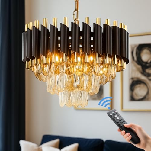 Image of TRIXY Rotating Crystals Chandelier Ceiling Light for Home & Decor | Color Changing LED | 360 Rotatable Crystals | Bluetooth Speaker | Remote Controlled | 2-Tier K9 Crystals, 300MM Black Gold Jhoomar