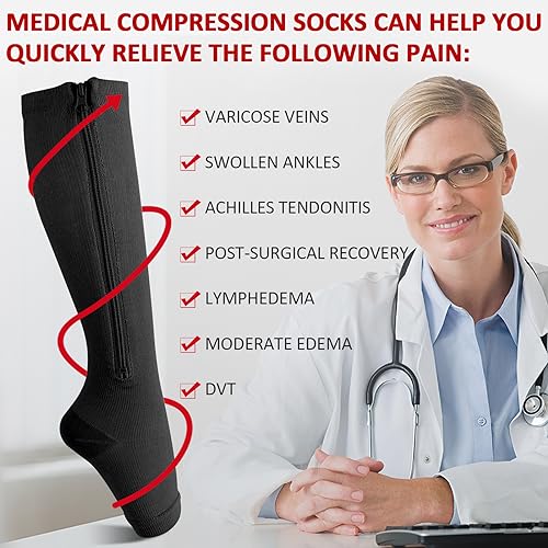 Image of Ailaka 3 Pairs 15-20 mmHg Open Toe Zipper Compression Socks for Men Women, Knee High Medical Grade Compression Socks Easy On & Off, Zip Up Support Socks for Varicose Veins, Edema, Swelling, Post Surgery, Travel, Nursing(Black,XXL)