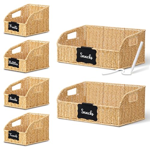 Image of Brownlily Wicker Pantry Storage Baskets with Chalkboard,Handwoven Baskets for Organizing with Built-in Handles, All-Purpose Storage Bins for Shelves, Laundry Room, Natural-Double Set Bundle (6-Piece)