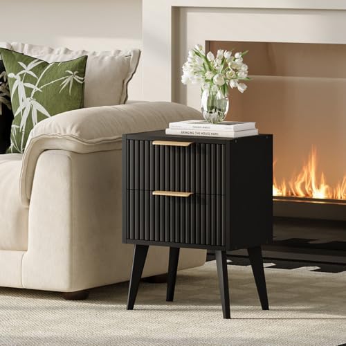 Image of YAUKOMEL Fluted Nightstand with 2 Drawers,Black Bedside Table