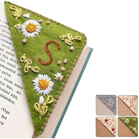 Personalized Hand Embroidered Corner Bookmark 26 Letters Felt Triangle Corner Page Bookmark Handmade Stitched Book Marker Cute Flower Bookmarks for Book Reading Lovers Meaningful Gift (S, Summer) Cover