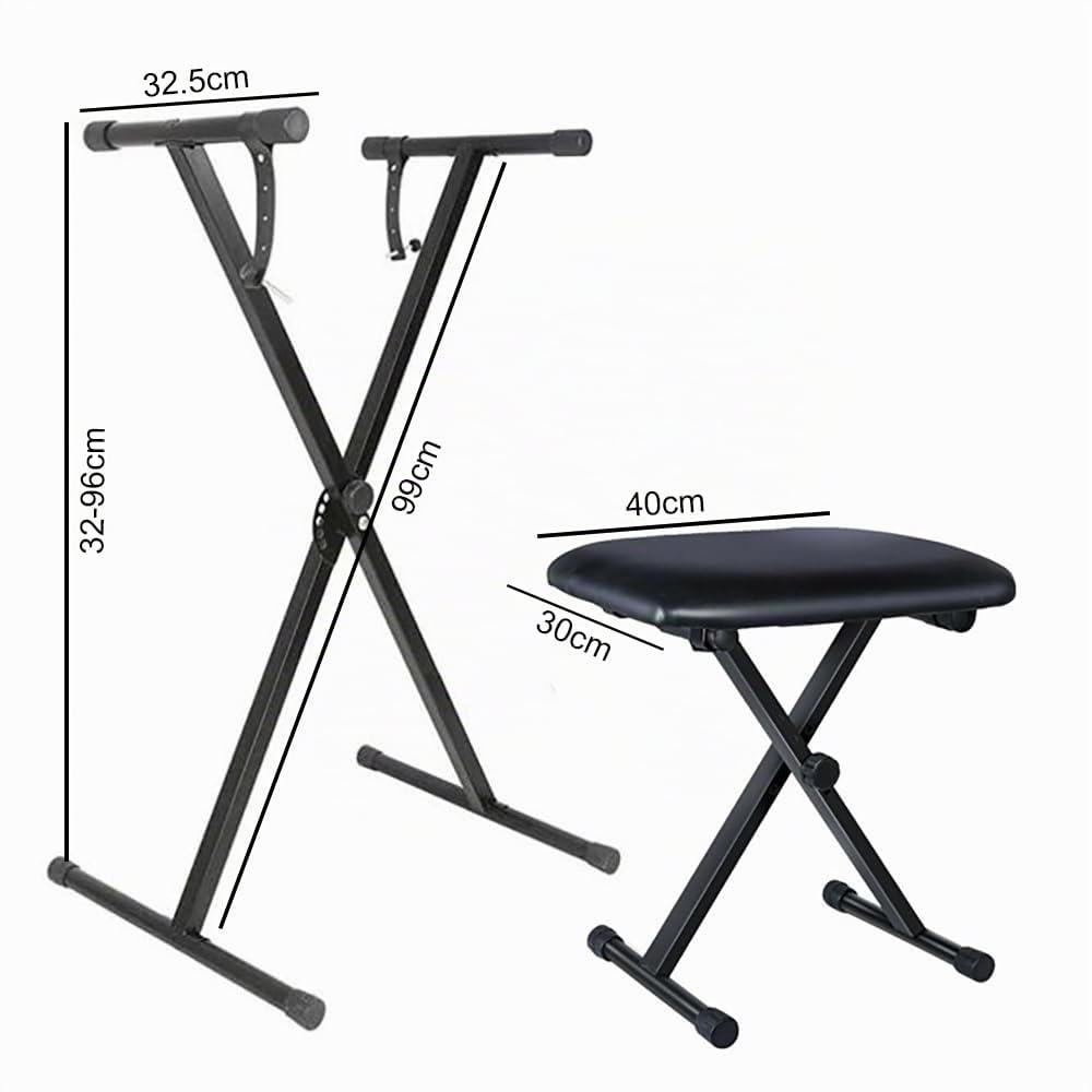 Taburete de Piano y Soporte para Teclado, soporte teclado piano， Juego de Taburete para Piano Plegable, X Ajustable en 7 Alturas，Teclado Acolchado Ajustable en 4 Alturas