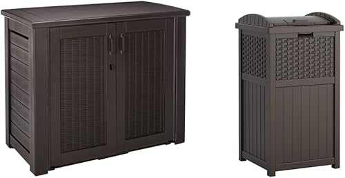 Rubbermaid Caja de almacenamiento de 123 galones y bote de basura Suncast de 33 galones para almacenamiento al aire libre