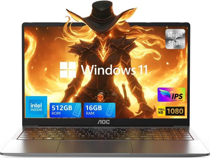 Image of AOC15.6 High-Performance Portable Laptop with Intel N97,16GB DDR4,512GB SSD,1080P FHD, Windows11,5000mAh Battery,180 Fold, USB3.2 Type-C, Perfect for Work and Study.