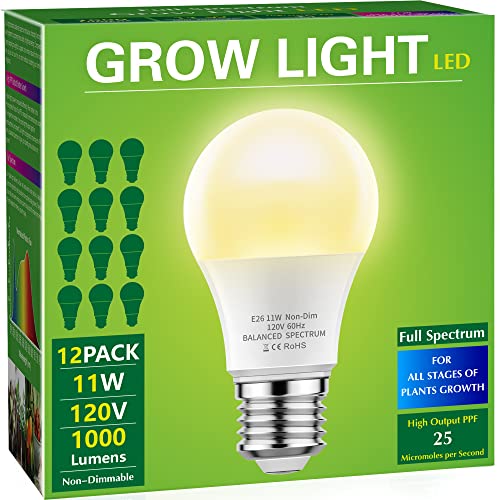 Image of Briignite Grow Light Bulbs, LED Grow Light Bulb A19 Bulb, Full Spectrum Grow Light Bulb, Plant Light Bulbs E26 Base, 11W Grow Bulb 100W Equivalent, Grow Light for Indoor Plants, Seed Starting, 12Pack