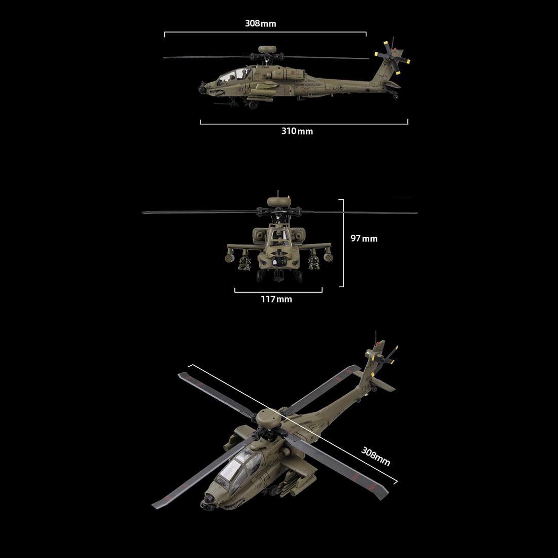 1/48 RC Hubschrauber, C170 AH-64D Hubschrauber, 2.4GHz 6CH Flybarless Hubschraubermodell mit Optical Flow Positionierung, TOF Höhenhaltung, One-Key Inverted Flight, Militärhubschrauber, RTF