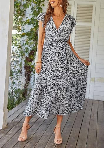 PRETTYGARDEN Women's Summer Floral Boho Maxi Dress Wrap Short Sleeve V Neck Ruffle A-Line Flowy Wedding Guest Long Dresses