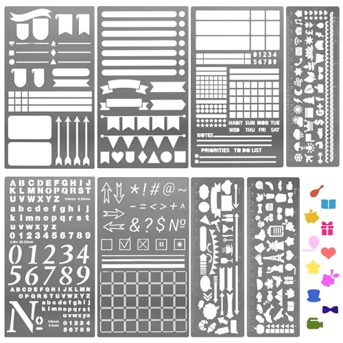 8 Pcs Metal Journal Stencils Stainless Steel Stencil Bookmarks with Ruler Journal Style DIY Stencils for Scrapbooking Wood Carving Engraving Painting & Planning(Box)