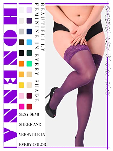 Image of HONENNA Plus Size Thigh High Stockings, Semi Sheer Stay Up Lingerie Lace Top Pantyhose for Curvy Women