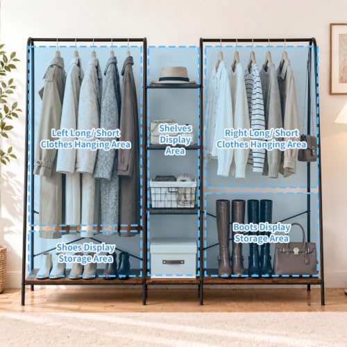 Finnhomy Clothes Rack for Hanging Clothes Freestanding Clothing Rack with 6 Wood Storage Shelves & 2 Rods Heavy Duty Garment Rack Portable Wardrobe Closet Organizer for Bedroom Closet Boutique,Rustic - Image 5