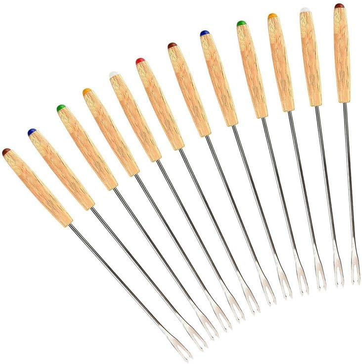 Stainless Steel Fondue Forks, 9.5 Inches Set of 12 Cheese Fondue Sticks Smore Sticks with Wooden Handle for Chocolate Fountain Cheese Fondue Roast Marshmallows Fruits
