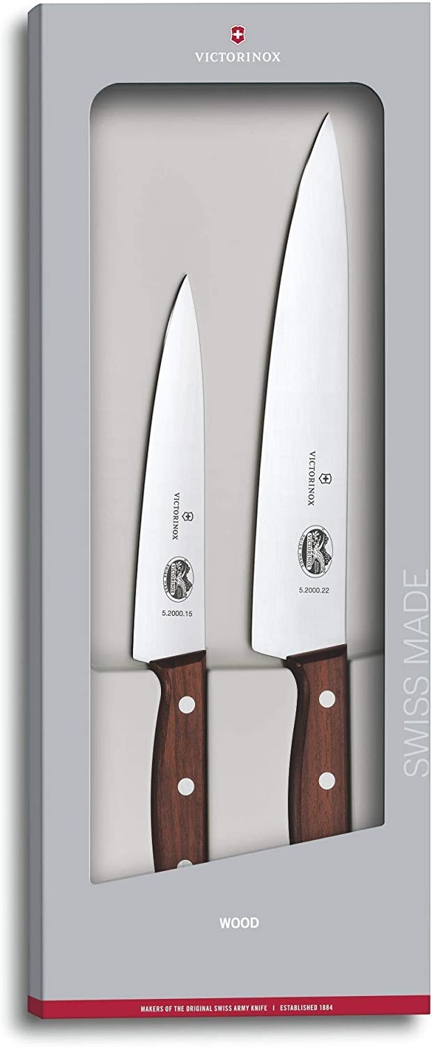 Victorinox, Wood, Profi Tranchier-Set, 2-teilig, gerader Schliff, Extra Scharf, Edler Holzgriff, braun