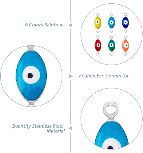 Miniatura 5 de DICOSMETIC 60 piezas de 6 colores de dije de mal de ojo de acero inoxidable esmaltado de eslabones de ojo de caballo, dijes de buena suerte para
