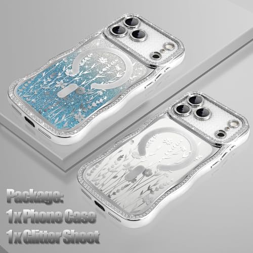 Coque iPhone 17 Pro antichoc transparente paillettes et fleurs MagSafe