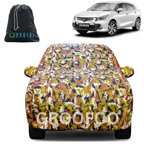 Image of GROOFOO Waterproof Car Body Cover with Mirror Pockets Compatible with Toyota Glanza | Triple Stitch Blue Piping Car Cover UV & Dust Proof All-Weather Protection, Adjustable Buckle (Army and Red)