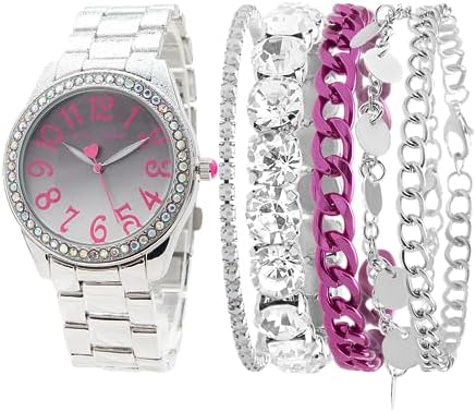Betsey Johnson Women’s Watch Set – Link Band Wristwatch with Stacked Bracelets and Easy Read Dial