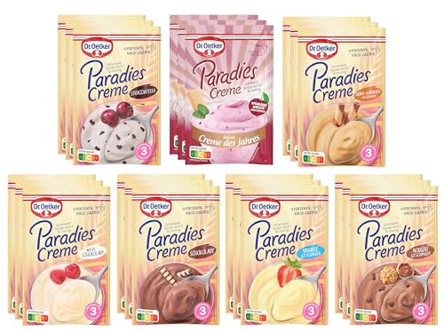 Dr. Oetker Paradies Creme im 21er Probier-Set Cremiges Dessert ohne Kochen, in unseren Sorten Vanille, Schokolade, Stracciatella, Nougat, Weiße Schokolade, Sahne-Karamell und Amarena Kirsch