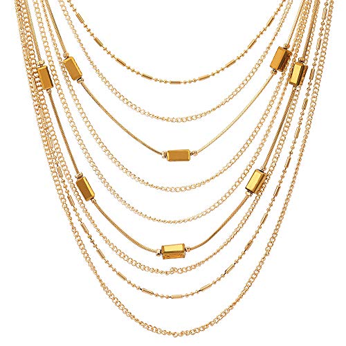 COOLSTEELANDBEYOND Gold Statement Choker Collar Necklace Waterfall Multi-Strand Chain with Rectangle Crystal Bead Charm2