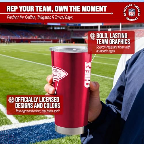 Image of Kansas City Chiefs NFL 20oz Stainless Steel Insulated Tumbler, Slider Lid | Officially licensed Chiefs drinkware; double-wall vacuum construction; cupholder compatible; BPA-free; hand wash only
