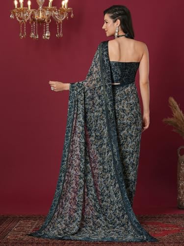 Image of Satrani Women's Weight Georgette Floral Printed Saree with Unstitched Blouse Piece