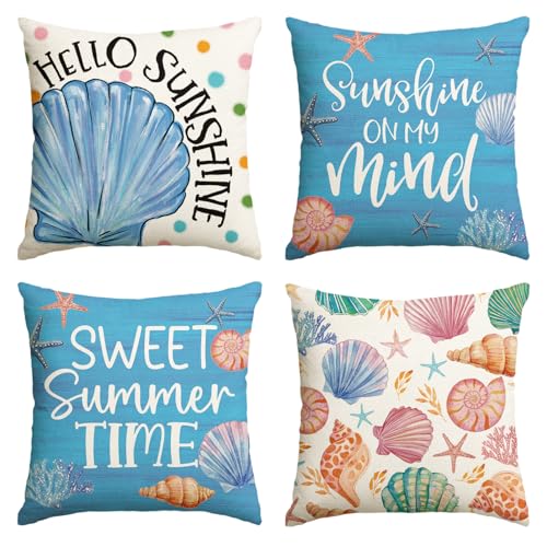 AVOIN colorlife Hello Summer Blue Shell Sunshine on My Mind Throw Pillow Covers 18x 18 Inch Sweet Summer Time Polka Dots Cushion Case Decoration for Sofa Couch Holiday Seasonal Home Decor Set of 4