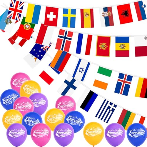 Eurovision Party Decorations 2026 Eurovision Flag Bunting Banner Balloons European 38 Nation Flags 2026 Eurovision Song Contest Decorations for Football Sports Garden Bar Restaurant 14x21cm
