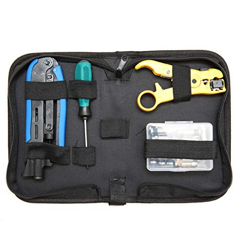 KOTTO Coax Cable Crimper Kit, Compression Tool Coax Cable Crimper Kit, Adjustable RG6 RG59 RG11 75-5 75-7 Coaxial Cable Stripper with 20 PCS F Compression Connectors