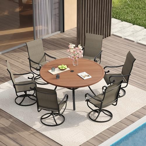 Image of VICLLAX 47.2 inch Round Patio Table for 6, All Weather Metal Outdoor Dining Table with Adjustable Umbrella Hole, Walnut Wood-Like Tabletop