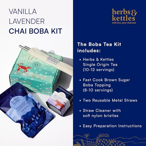 Image of Herbs & Kettles Vanilla Lavender Chai Boba Kit | Assam Black Tea with Real Vanilla Bean, Lavender Flowers & Warming Spices + Chewy Tapioca Pearls | DIY Bubble Tea Kit with Reusable Straws