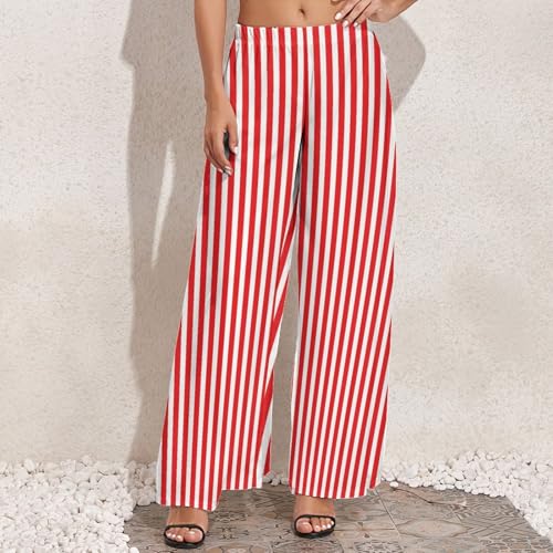 Palazzo Pants for Women, Comfy Womens Wide Leg Baggy Pants, Red and White Stripes Casual Lounge Pants3