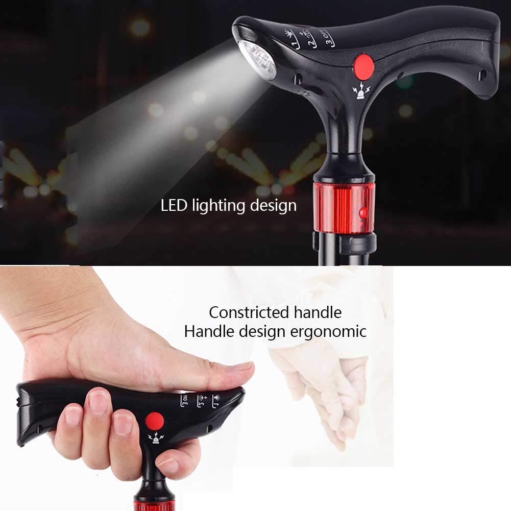 Bastón Ligero Aleación de Aluminio Plegable con iluminación de luz LED, diseño de Alarma de botón;Advertencia de Seguridad Intermitente de luz roja, muletas Times