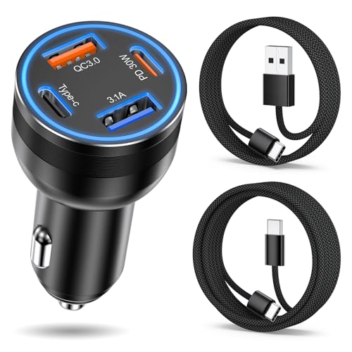Car Charger USB C, 4-Port 65W Fast Charging Car Phone Charger with 2Pack Carplay Cable,Dual USB-C & USB-A Cargador Carro Cigarette Lighter Adapter for iPhone 16e/15/14/13/12 Pro Max,iPad,Samsung S25