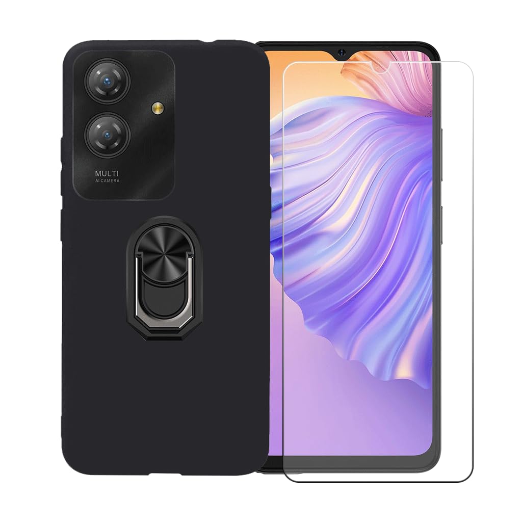 BMPNLSZ Black Cover for Ulefone Note 21 + HD Tempered Glass, Silicone Shell TPU Protective Back Case - Scratch Screen Protector - 360° Rotating